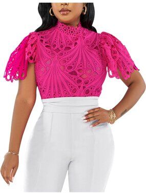 🆕Women’s Hot Pink Lace Ruffle Puff Short Sleeve Button Down Tops Flare Tunic